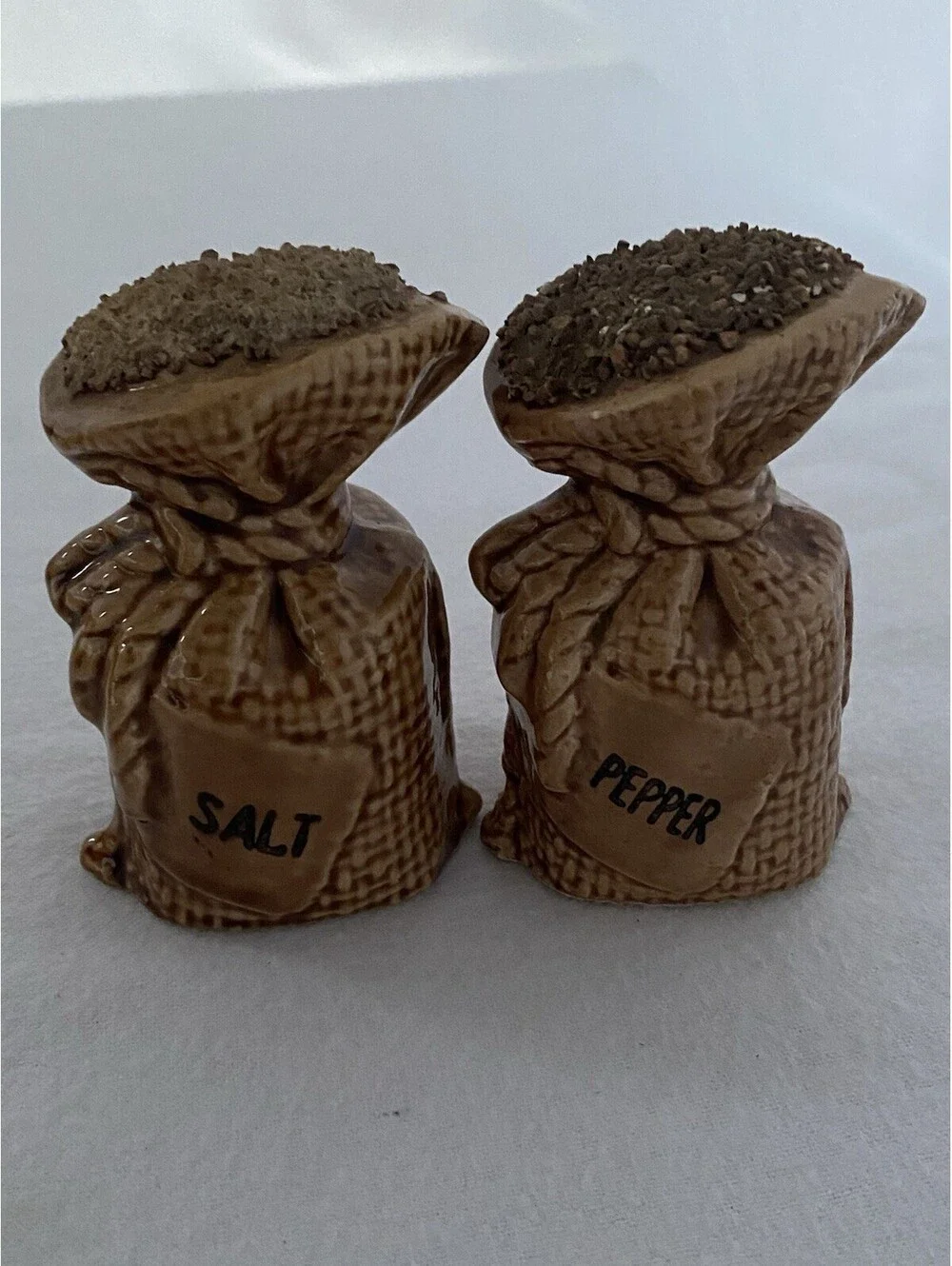 Vintage Burlap Feed Sack Salt And Pepper Shakers: Ceramic